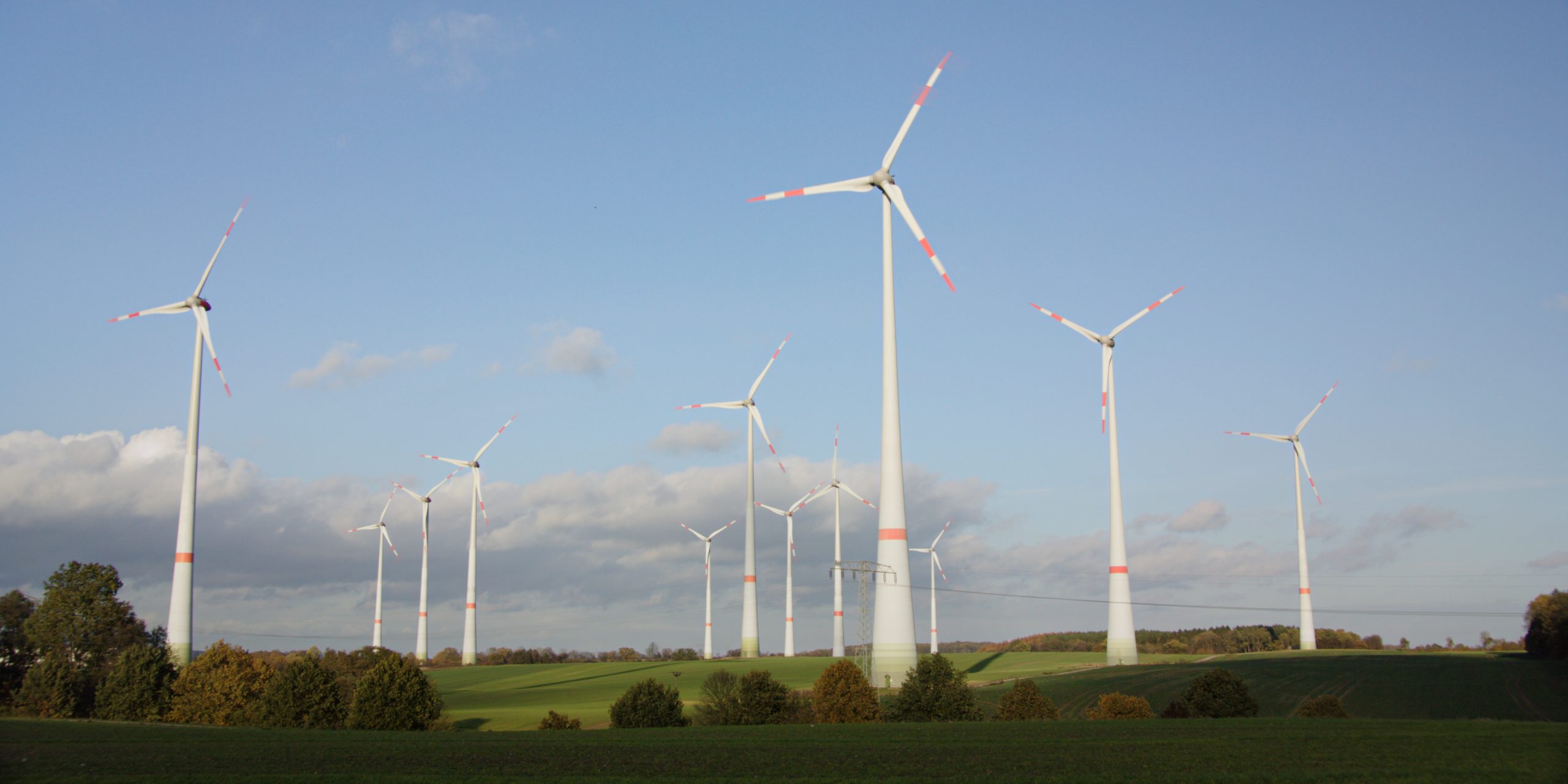 Foto des Windparks in Dassow, Windpark Schönberg. Mehrere Windräder auf Wiese mit Bäumen und blauem, leicht bewölktem Himmel.