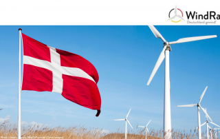 Das Bild zeigt Windräder und die dänische Nationalflagge.