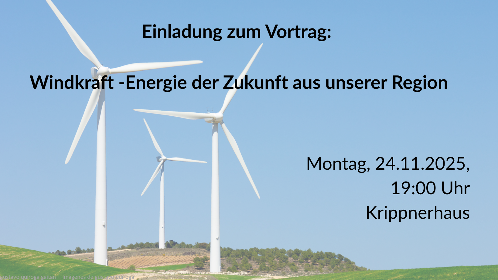 Auf dem Bild sind alle relevanten Daten zu sehen. Im Hintergrund sind Windräder zu sehen.