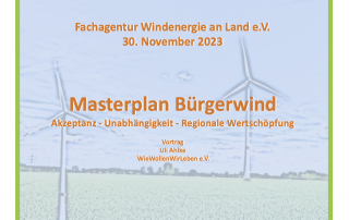 Man sieht Windräder auf einer Wiese, davor in Schrift: "Masterplan Bürgerwind Akzeptanz - Unabhängigkeit - Regionale Wertschöpfung"