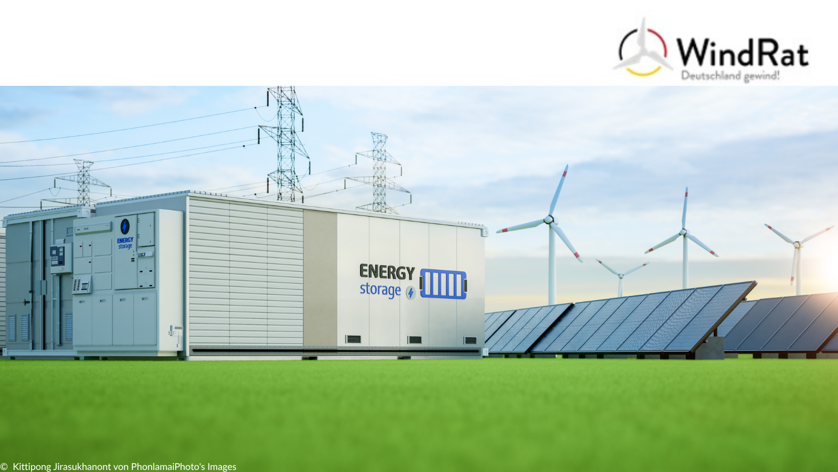 Auf dem Bild sind erneuerbare Energien, wie Wind und Solar zu sehen.