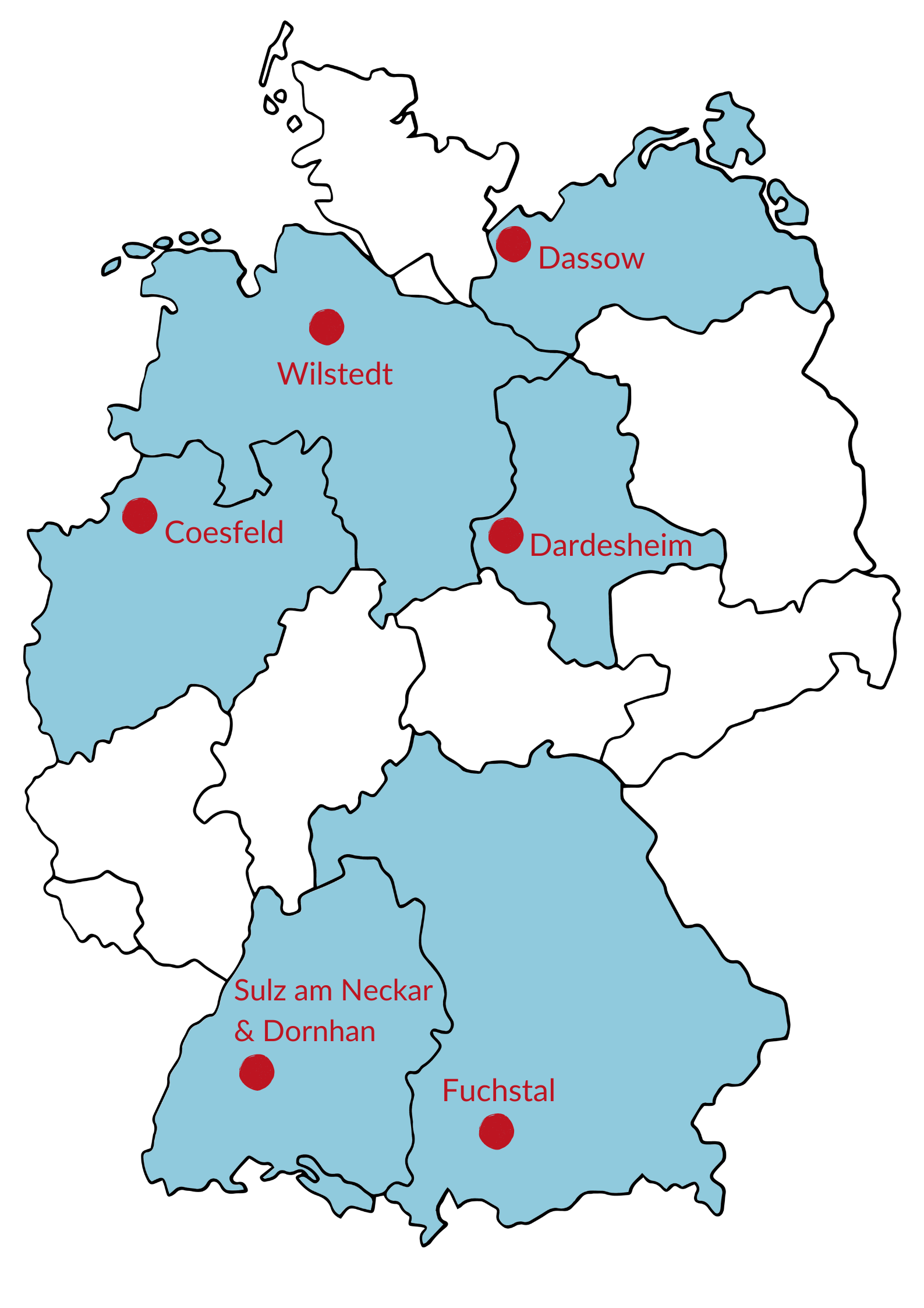 Man sieht eine Deutschlandkarte, auf der alle Orte eingezeichnet sind, zu denen der WindRat ein best practice-Video produziert hat. Die Bundesländer dazu (Bayern, BaWü, NRW, Niedersachsen, Sachsen-Anhalt, Meck-Pom) sind hellblau eingefärbt.